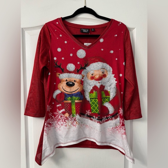 Onque Casual Santa and Reindeer Christmas Top w/ Sparkling Embellishments - Picture 3 of 15